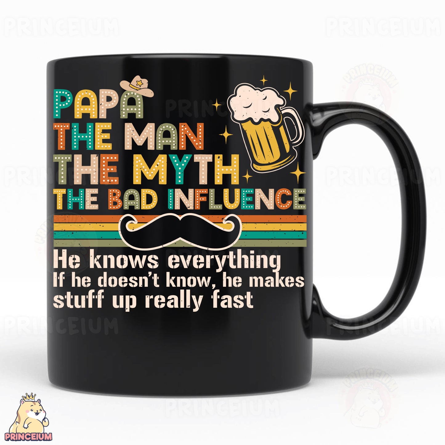 a black coffee mug with a mustache on it