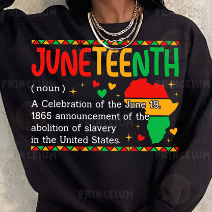a woman wearing a black sweater with a map of the united states on it