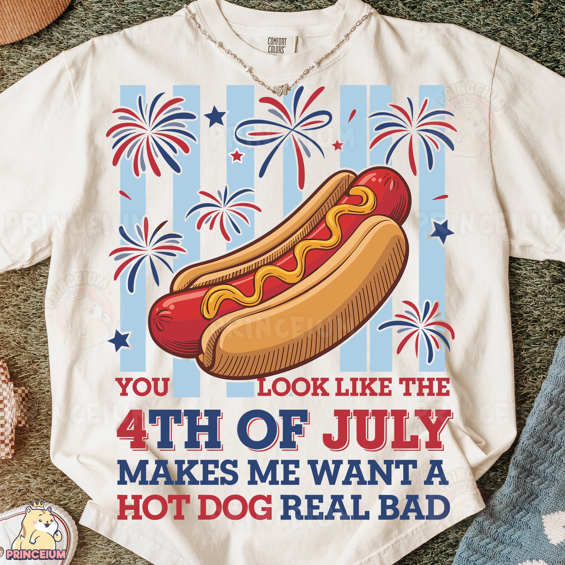 a white shirt with a hot dog on it