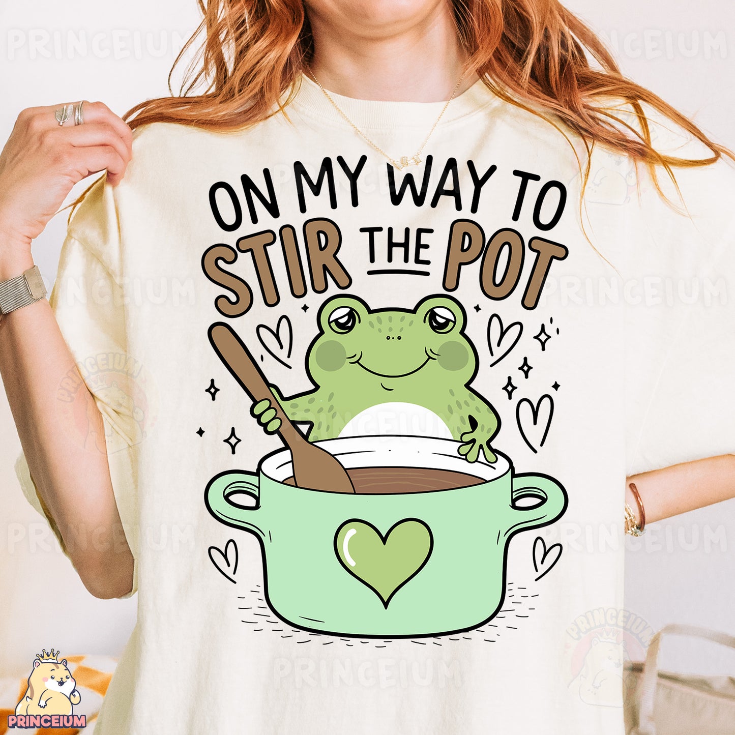 a woman wearing a t - shirt that says on my way to stir the pot