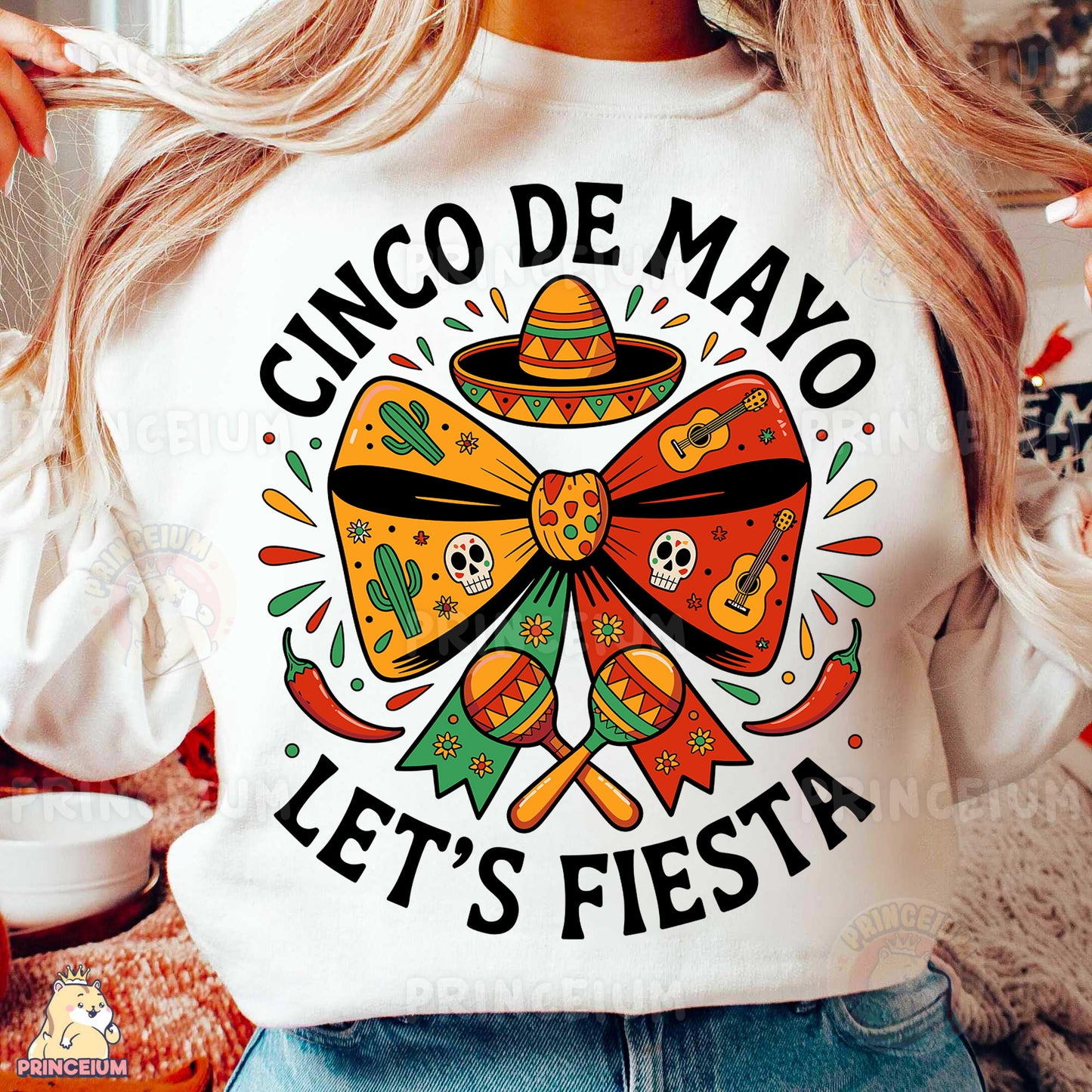 a woman wearing a cinco de mayo let's fiesta shirt