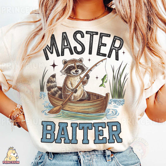 a woman wearing a shirt with a raccoon on it