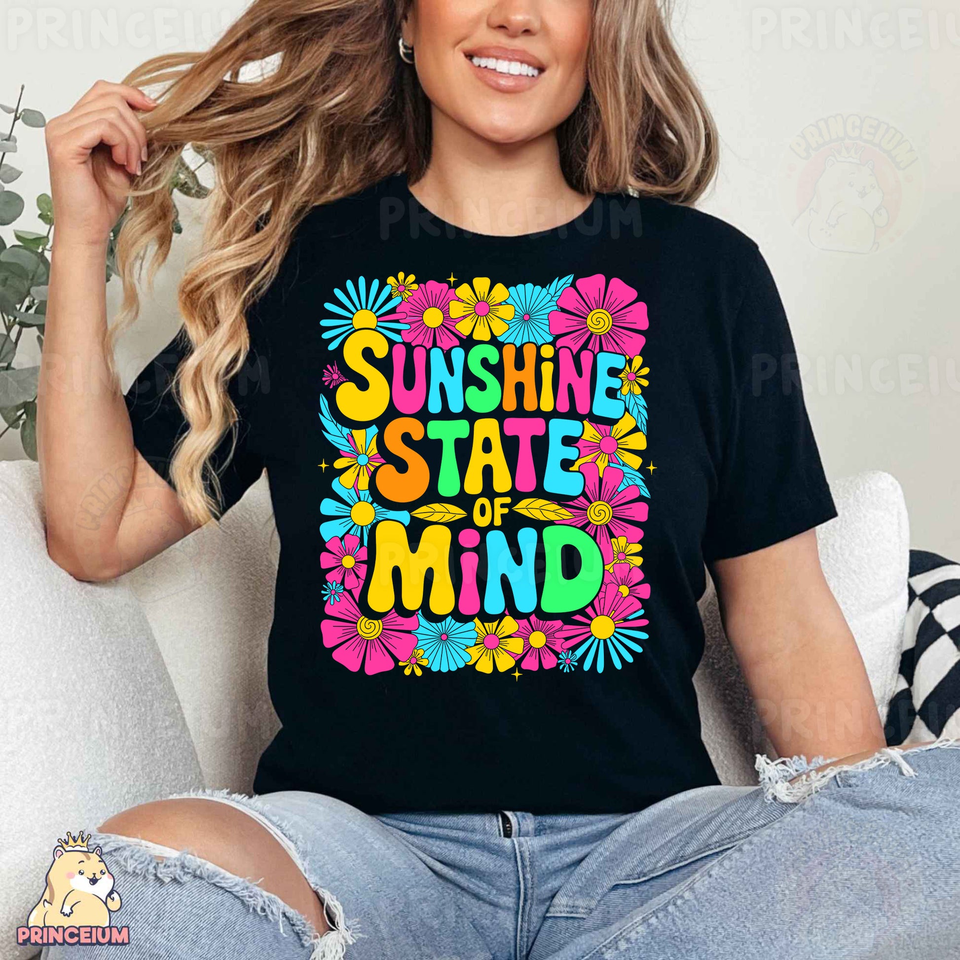 a woman wearing a black shirt that says sunshine state of mind
