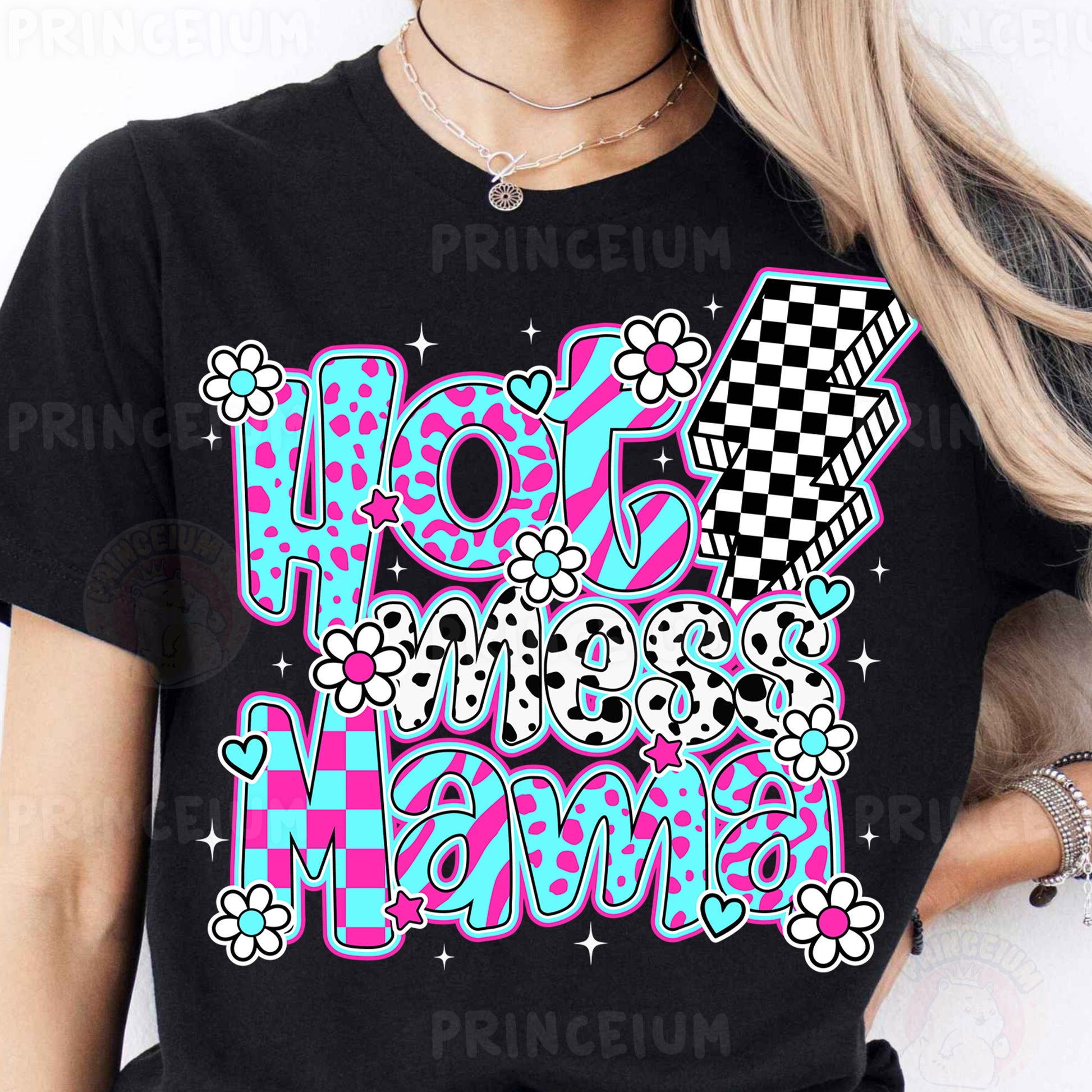a woman wearing a t - shirt that says hot mama