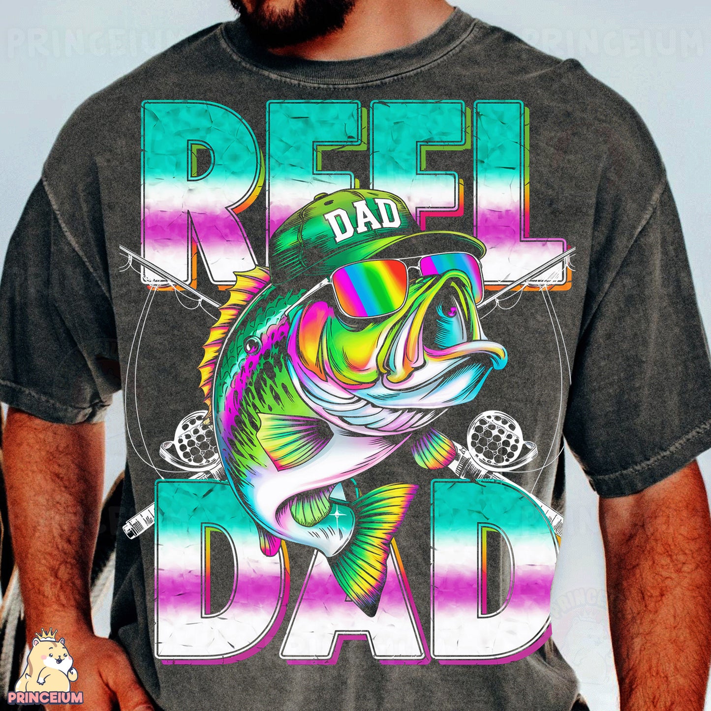 a man wearing a t - shirt with a fish on it