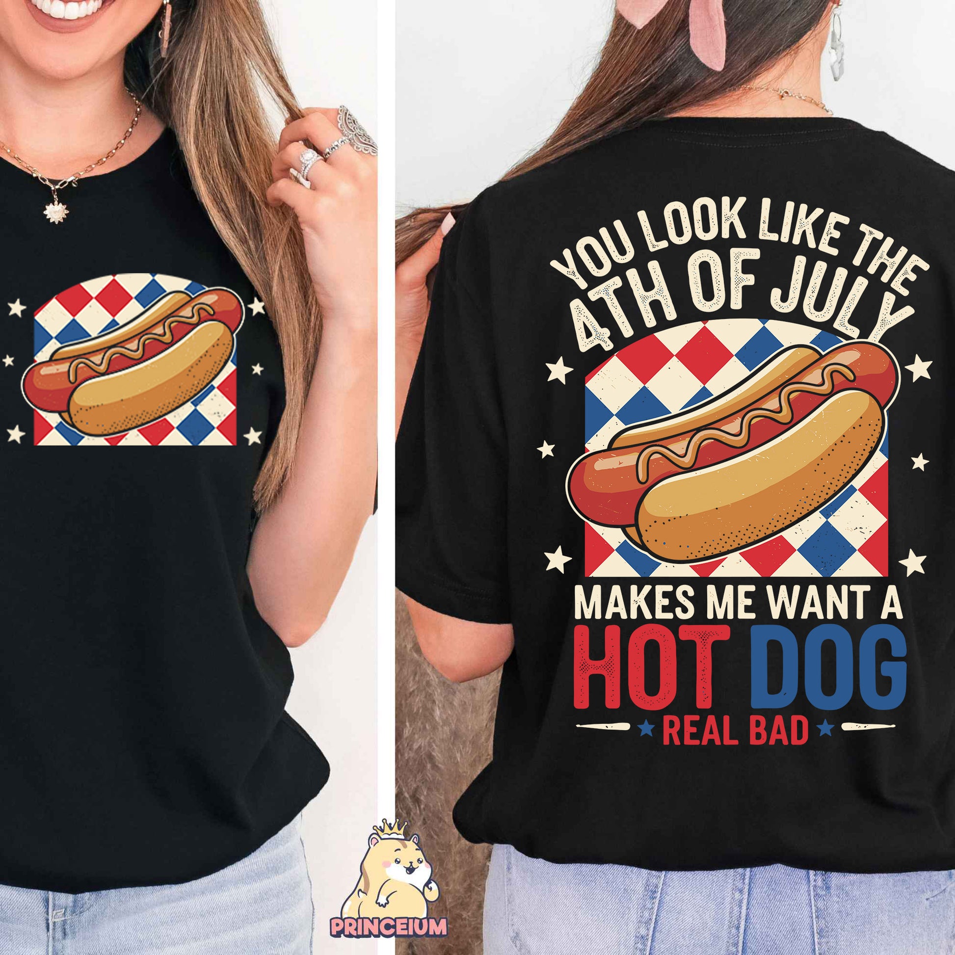 a woman wearing a black shirt with a hot dog on it