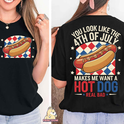 a woman wearing a black shirt with a hot dog on it