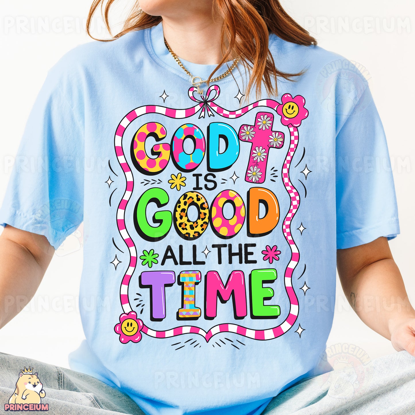 a woman wearing a t - shirt that says god is good all the time