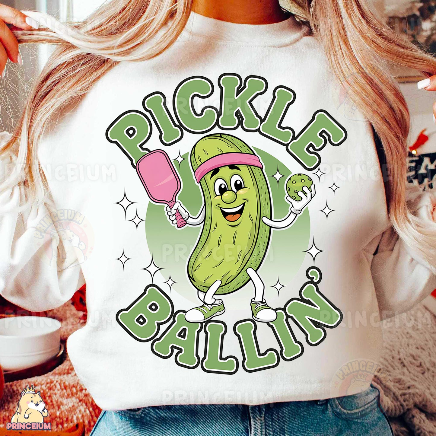 a woman wearing a pickle ballin t - shirt