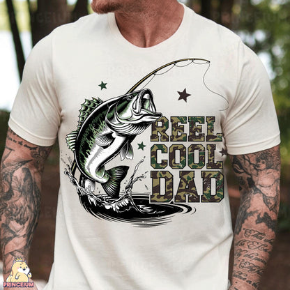 a man wearing a reel cout dad t - shirt