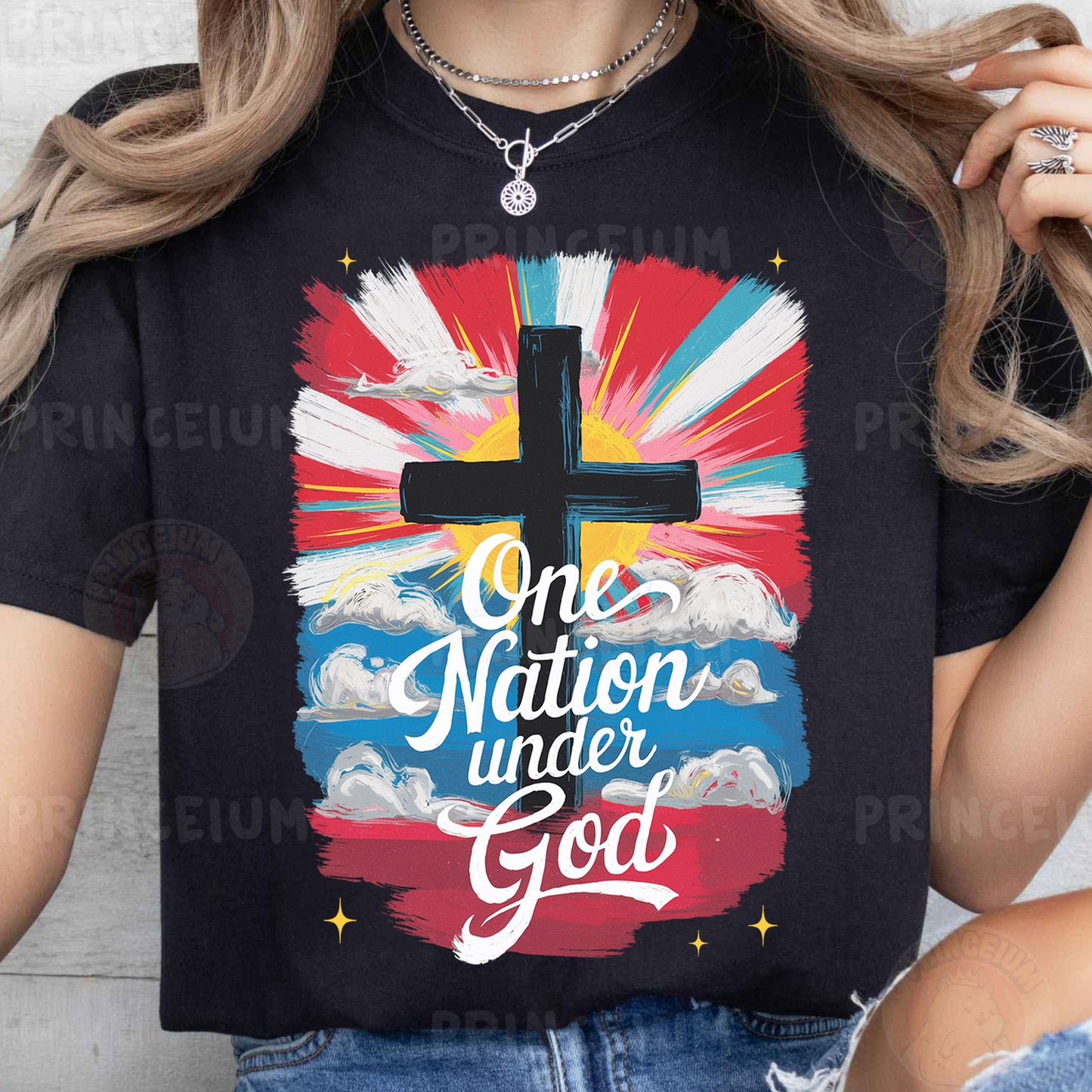 a woman wearing a one nation under god t - shirt