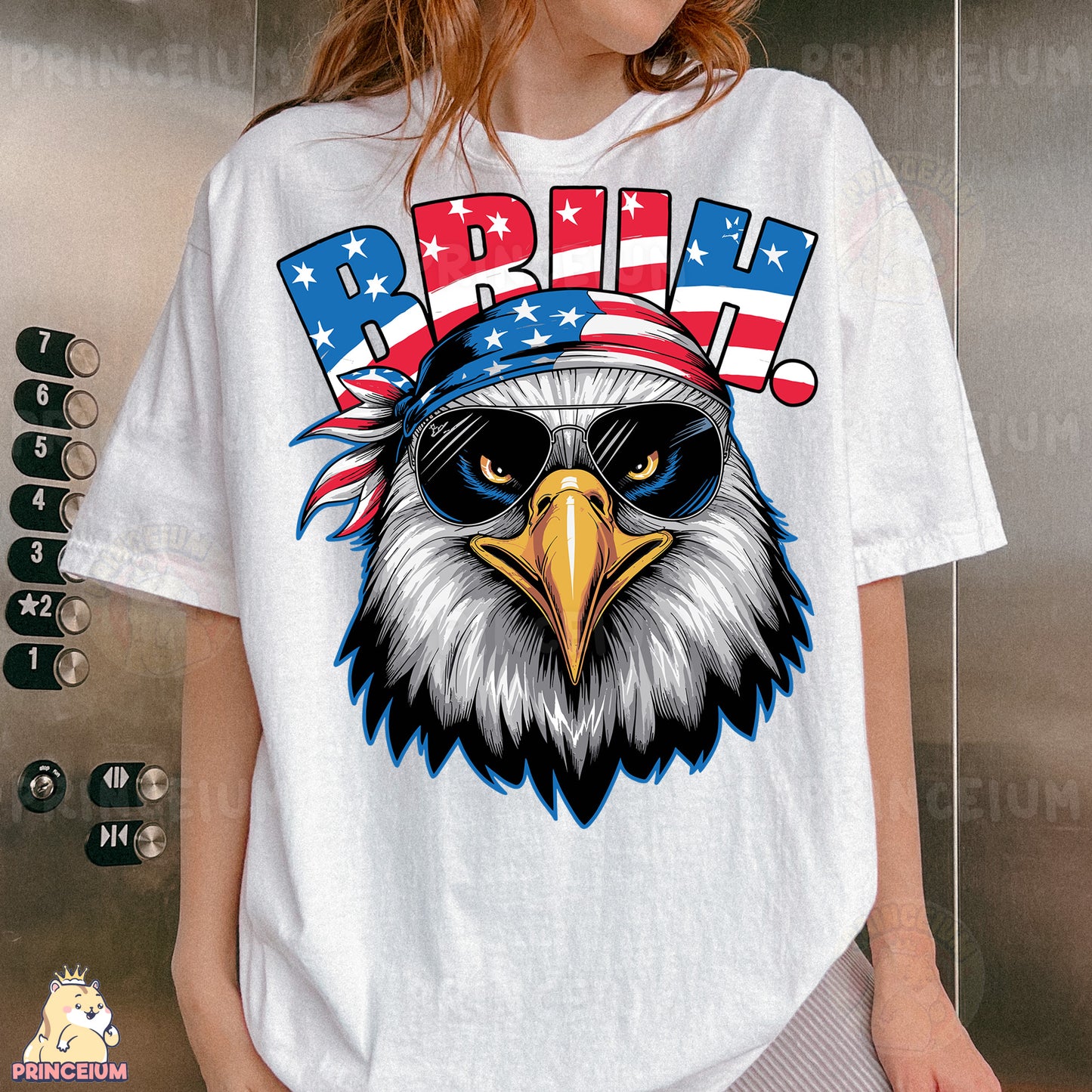 a woman wearing a t - shirt with an eagle on it