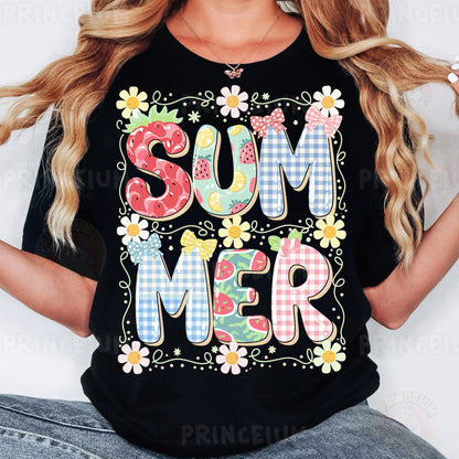 a woman wearing a t - shirt that says, summer