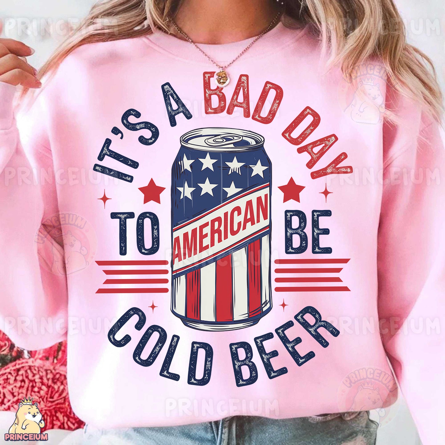 a woman wearing a pink sweatshirt that says it's a bad day to american