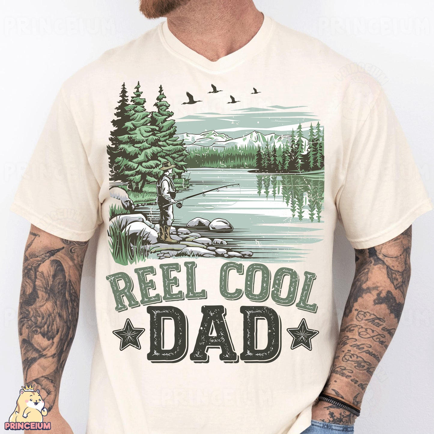 a man wearing a t - shirt that says reel cool dad