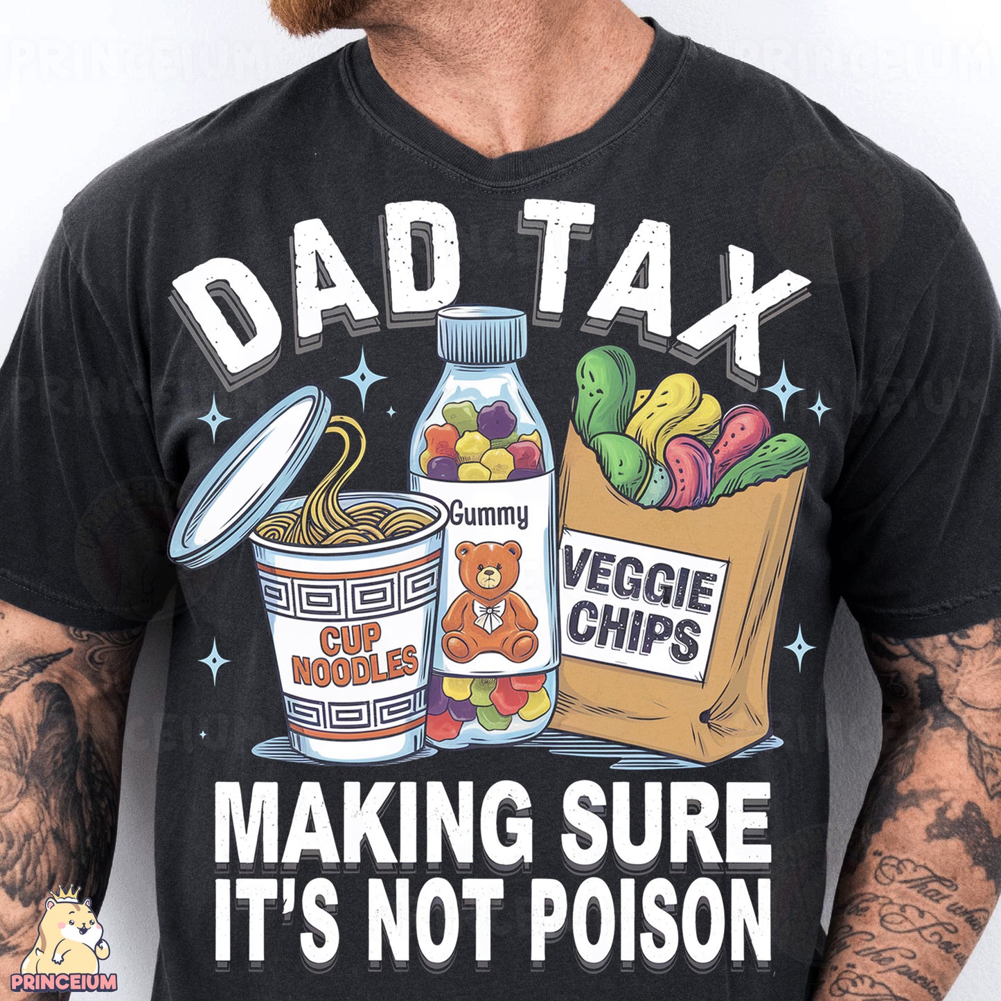a man wearing a shirt that says dad tax making sure it's not po
