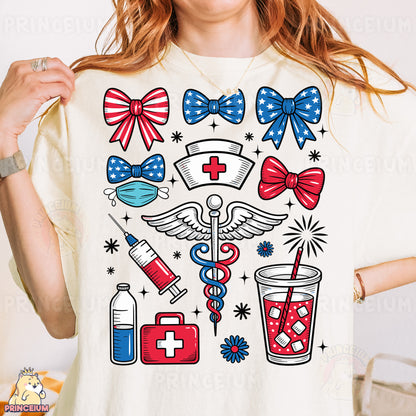 a woman wearing a white t - shirt with red, white, and blue designs