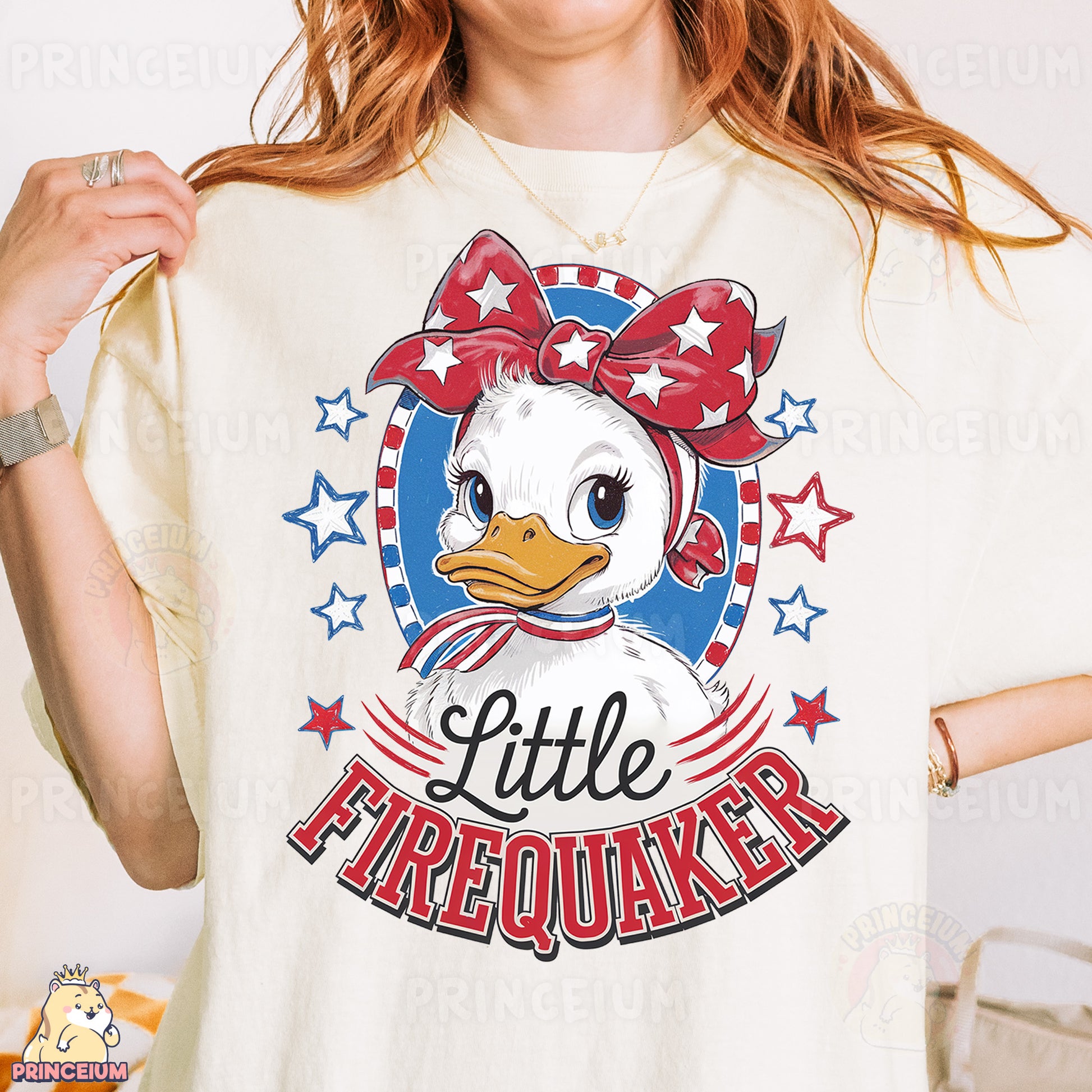 a woman wearing a t - shirt with a picture of a duck on it
