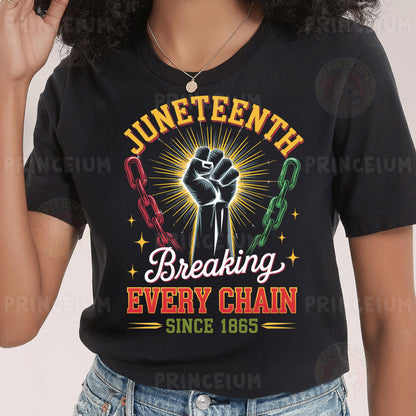 a woman wearing a black t - shirt with the words juneteeth breaking every