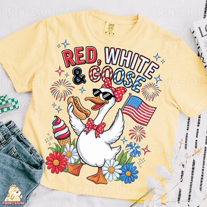 a red, white and goose shirt with an american flag on it