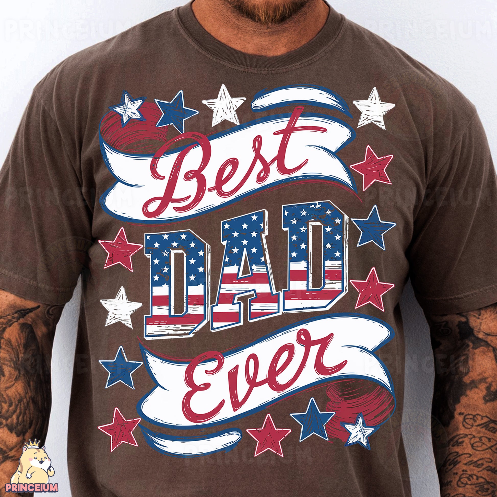 a man wearing a brown t - shirt with the words best dad ever on it