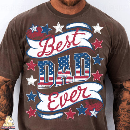 a man wearing a brown t - shirt with the words best dad ever on it