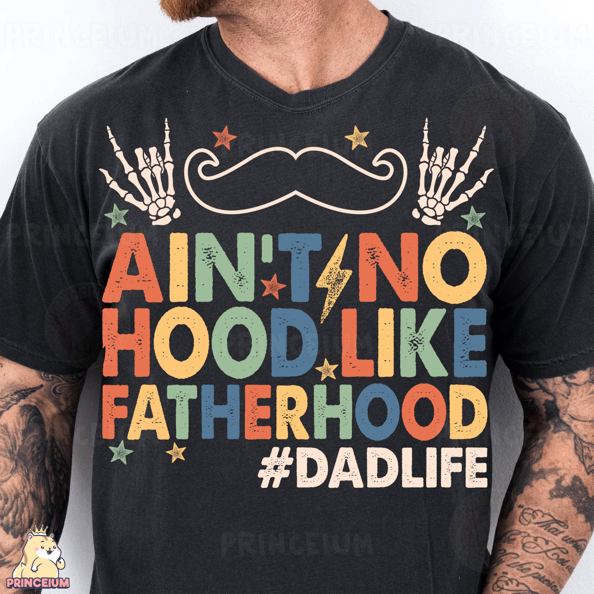 a man wearing a black shirt with a mustache on it