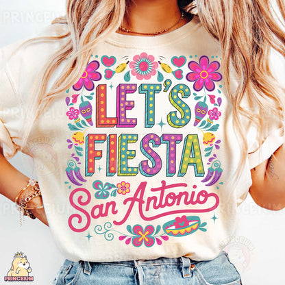 a woman wearing a t - shirt that says let's fiesta