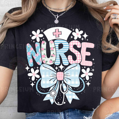 a woman wearing a t - shirt that says nurse
