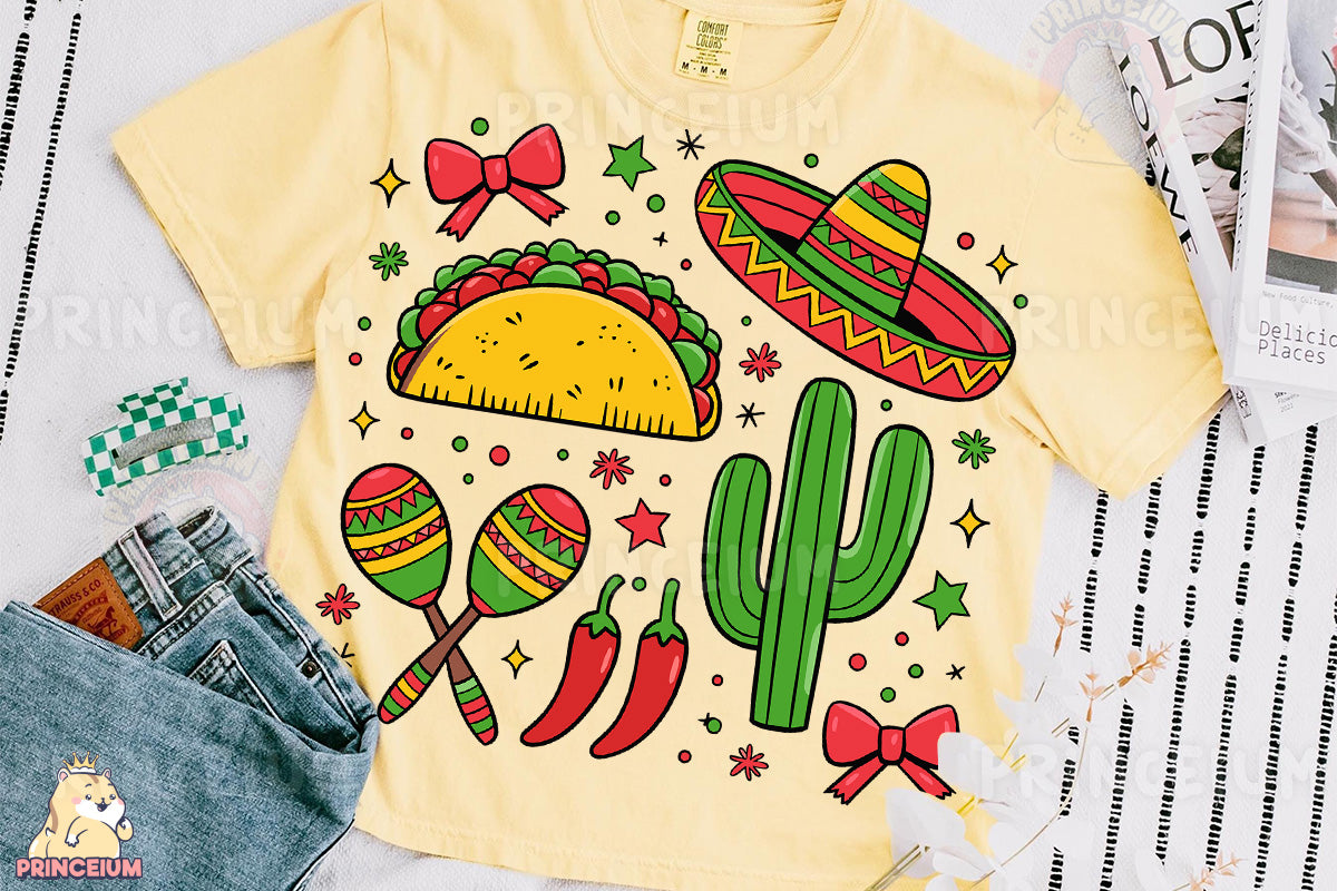 a t - shirt with a taco and sombrero on it