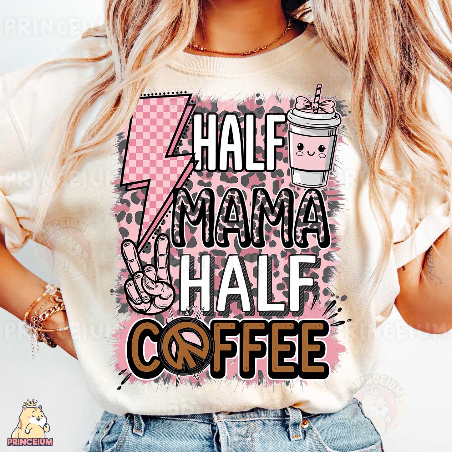 a woman wearing a t - shirt that says half mama half coffee