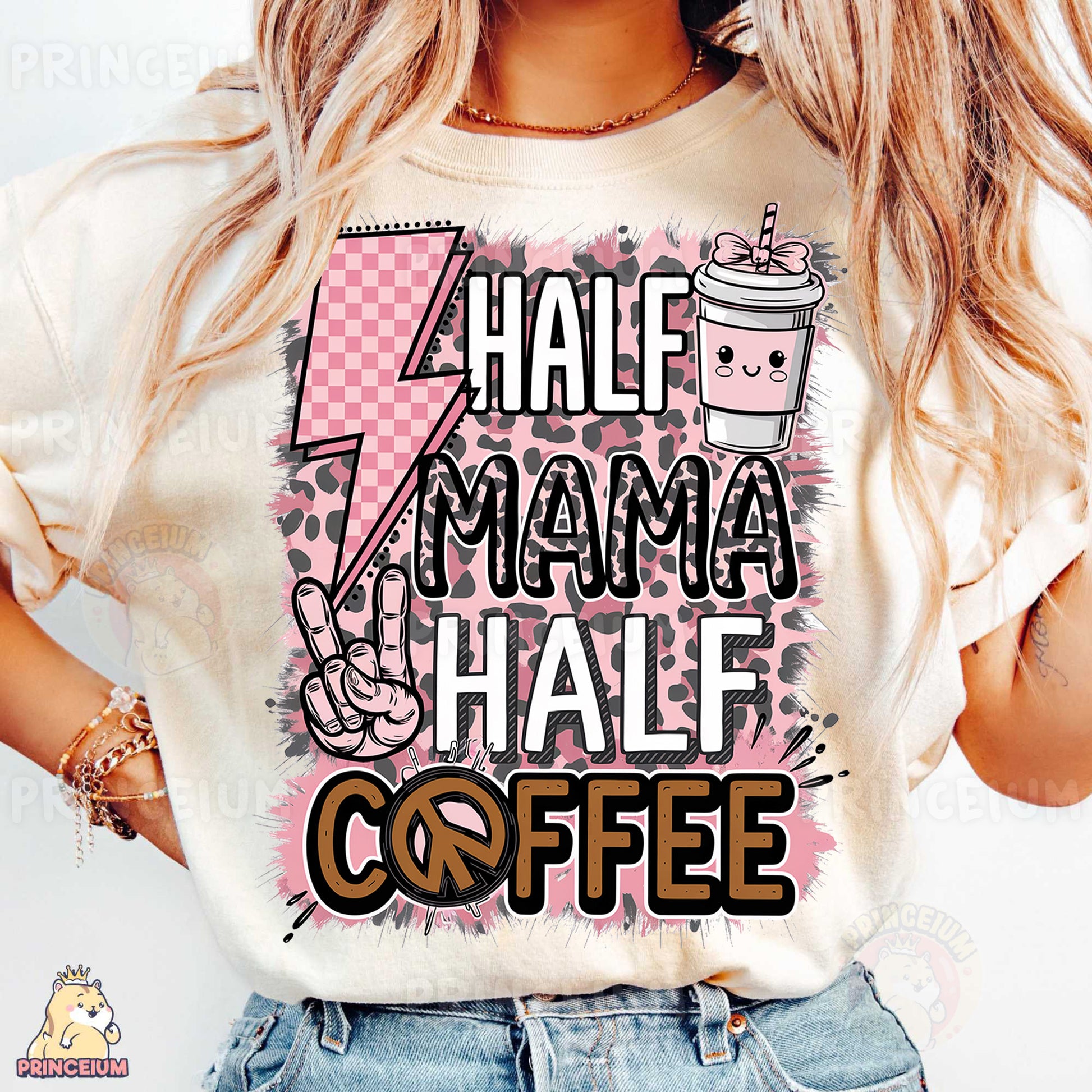 a woman wearing a t - shirt that says half mama half coffee