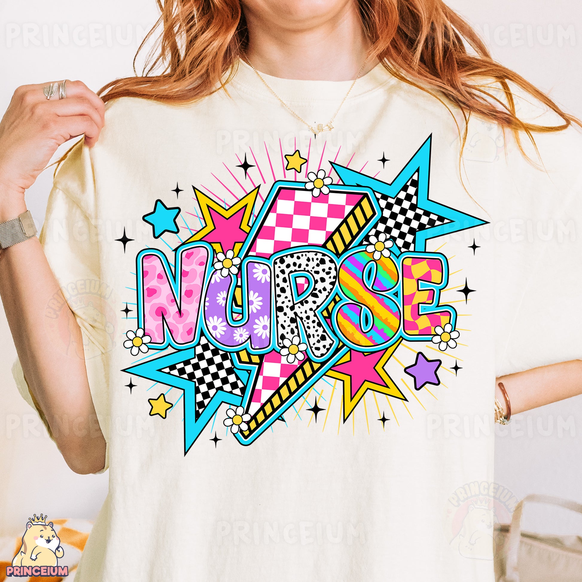 a woman wearing a t - shirt that says nurse