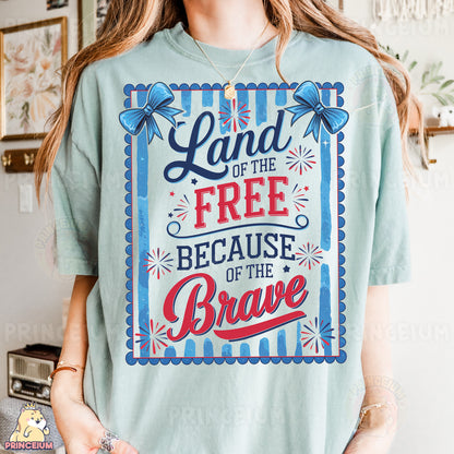 a woman wearing a t - shirt that says land of the free because of the