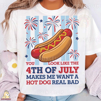 a woman wearing a white shirt with a hot dog on it