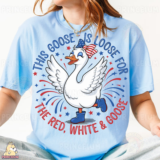 a girl wearing a goose is loose t - shirt