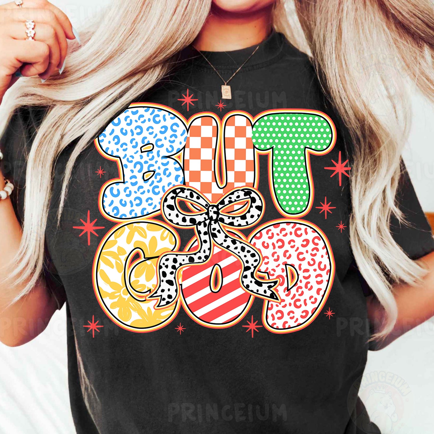 a woman wearing a black tshirt with colorful numbers on it