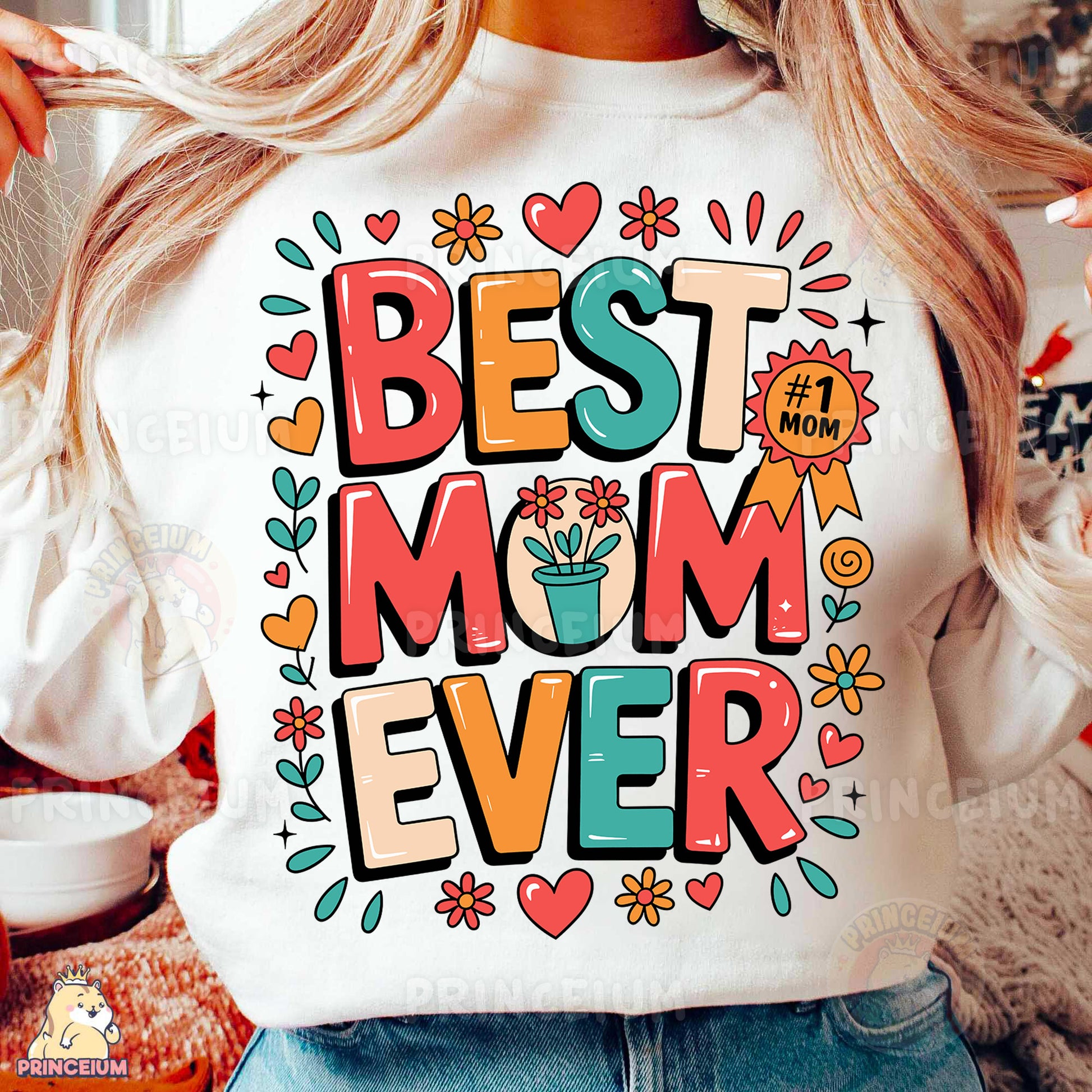 a woman wearing a best mom ever t - shirt