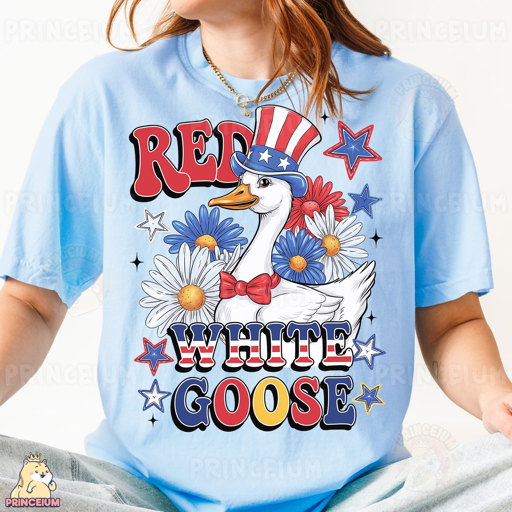 a woman wearing a red, white, and blue goose t - shirt