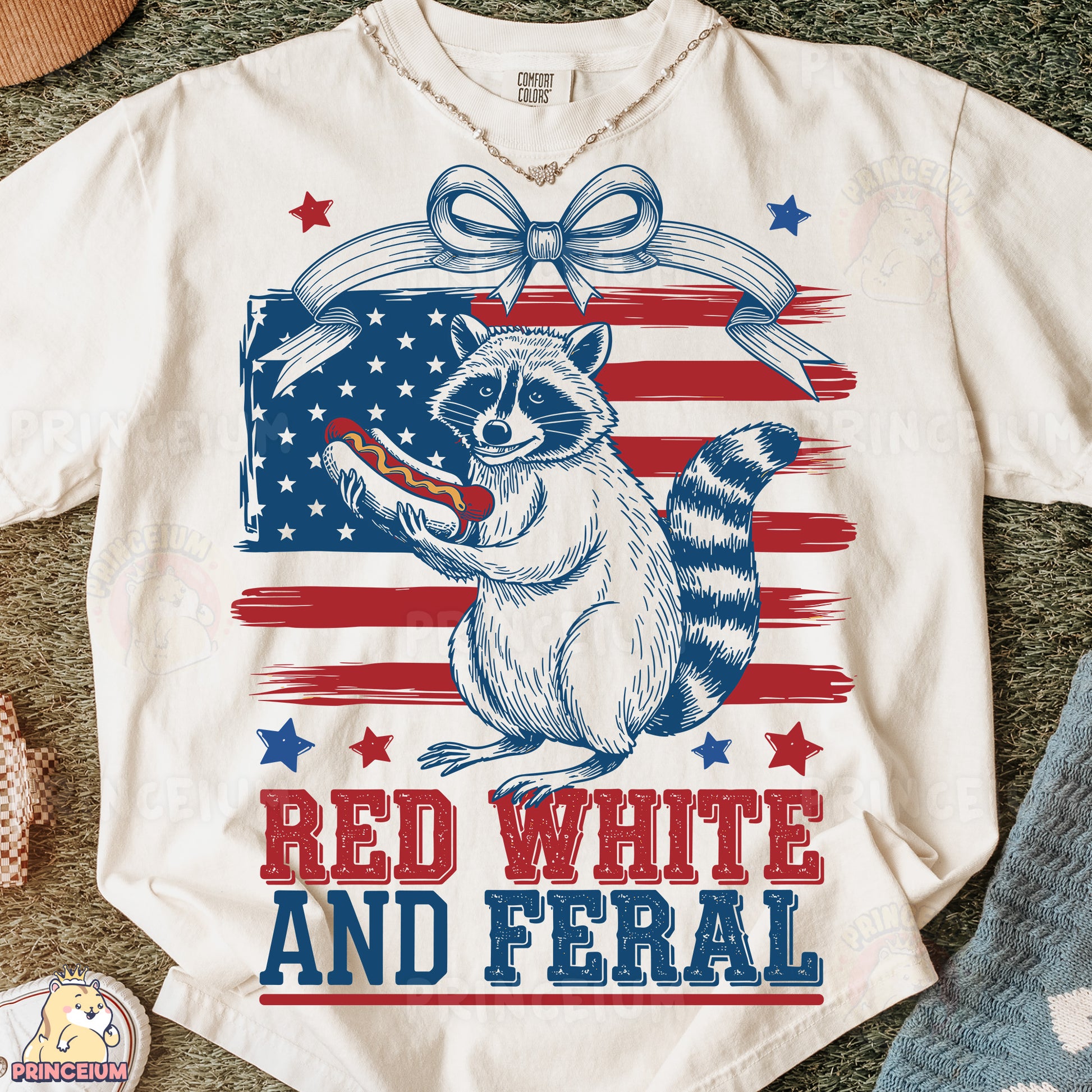 a white shirt with a raccoon on it