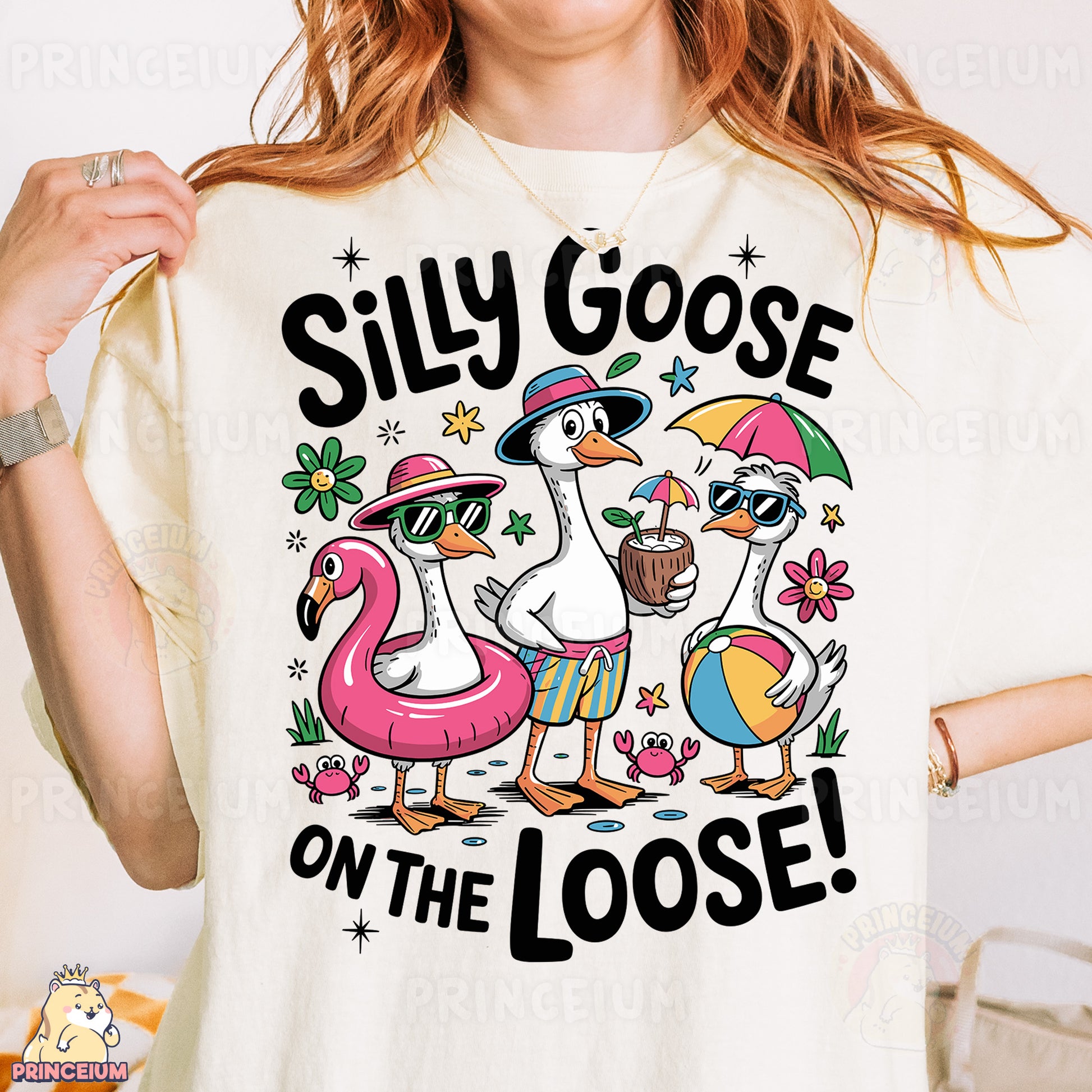 a woman wearing a silly goose on the loose t - shirt