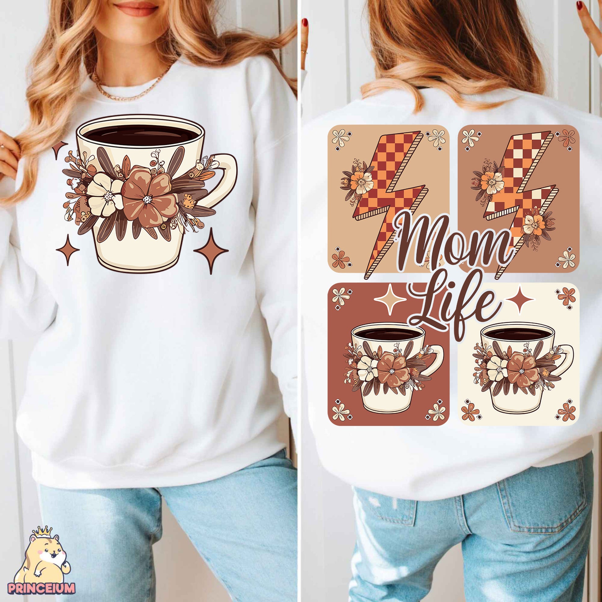 a woman wearing a mom life sweatshirt and jeans