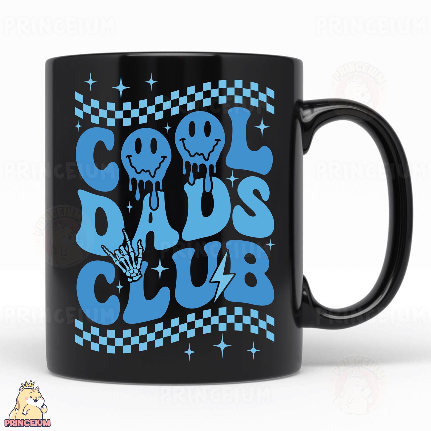 a black coffee mug with a blue design on it