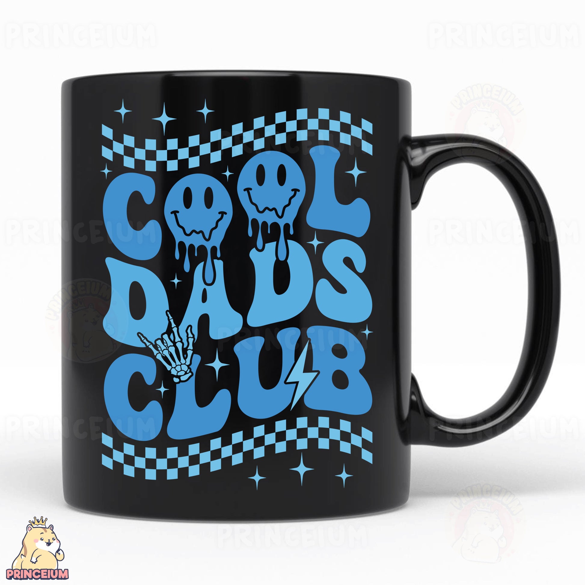 a black coffee mug with a blue design on it
