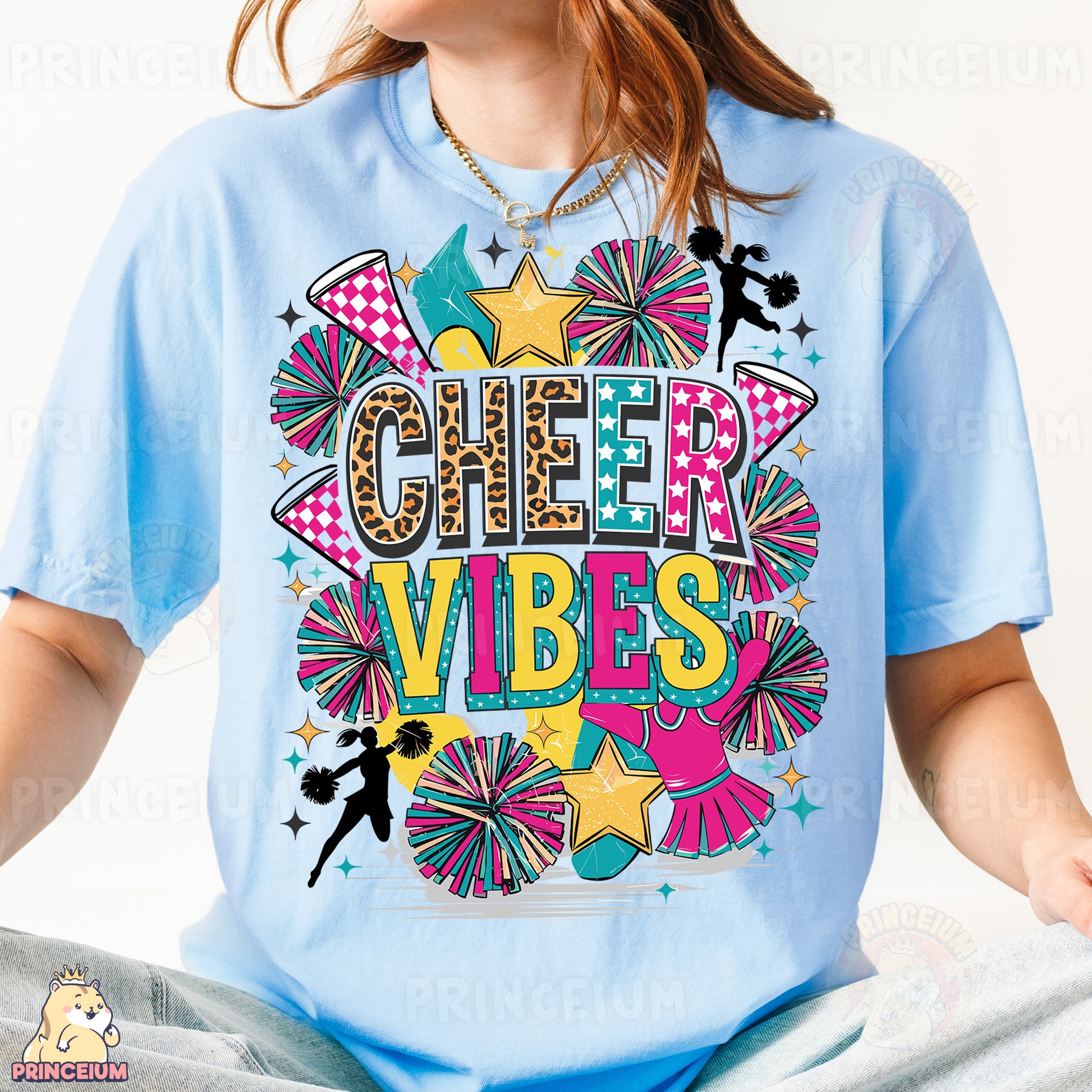 a woman wearing a blue shirt with cheer videos on it