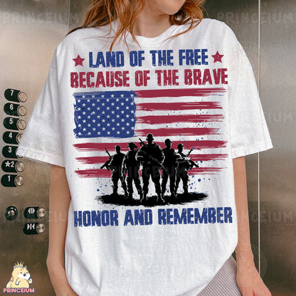 a woman wearing a t - shirt that says land of the free because of the