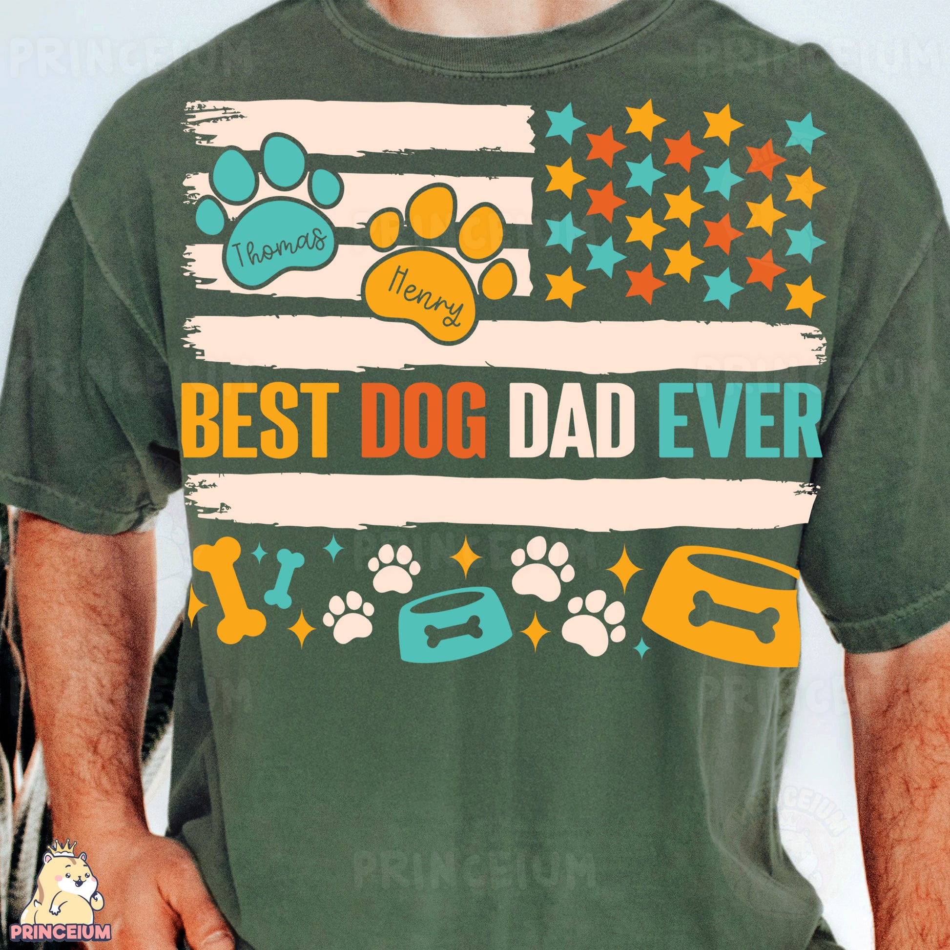 a man wearing a green t - shirt with the words best dog dad ever
