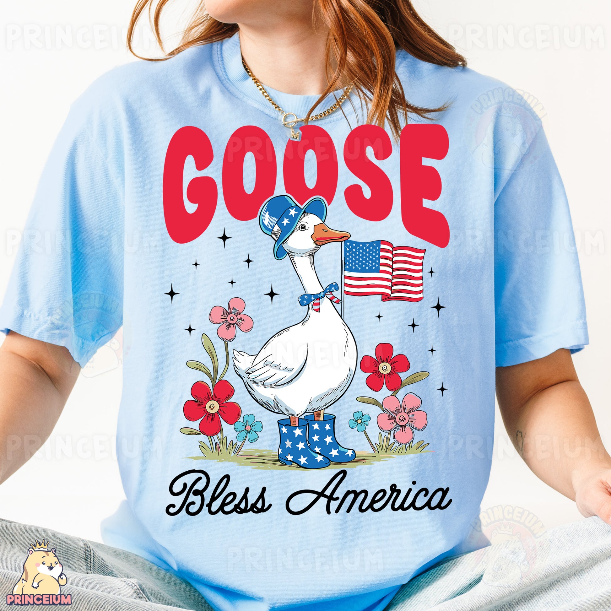 a woman wearing a goose shirt with an american flag on it