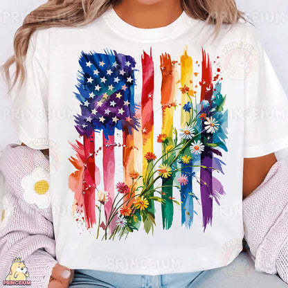 a woman wearing a t - shirt with an american flag painted on it