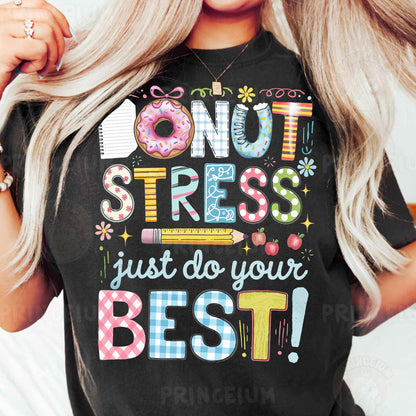 a woman wearing a donut stress t - shirt